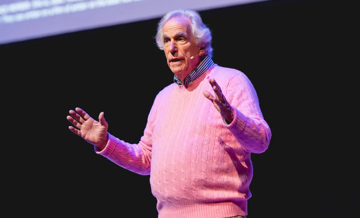 Henry Winkler speaking at the Barbican Centre in 2024.